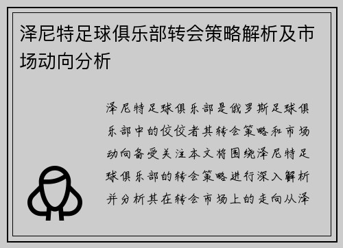 泽尼特足球俱乐部转会策略解析及市场动向分析